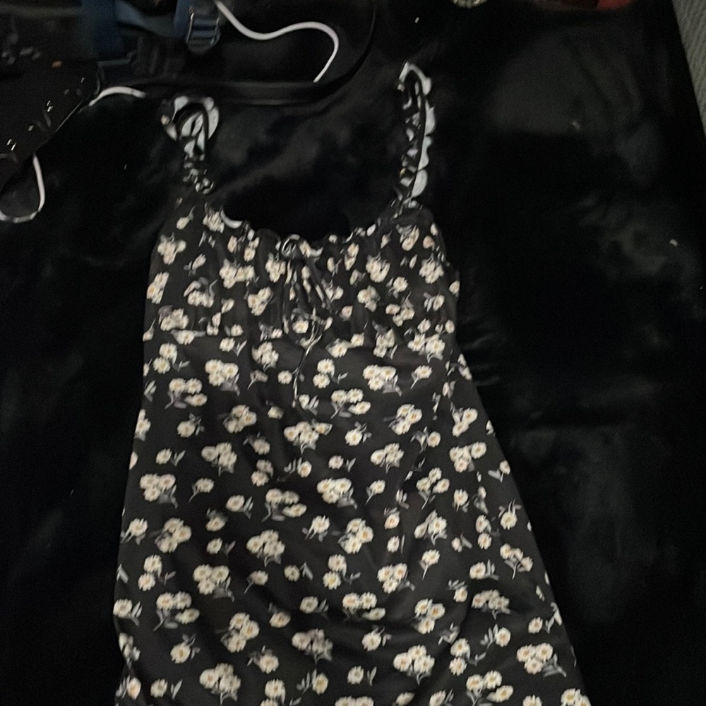 Black mini dress with white floral print